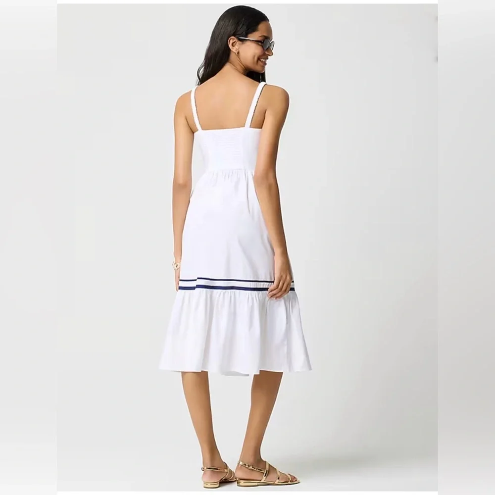 Brand New J. Crew Women’s Corset White Midi Dress with Blue Trim, Size 10, NWT - Picture 2 of 3